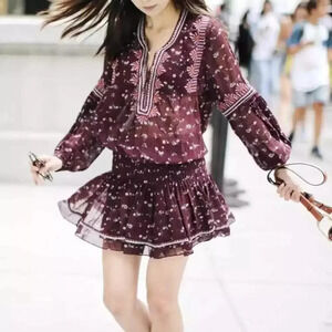 Ulla Johnson Gita Embroidered Silk Dress Bordeaux Size 2